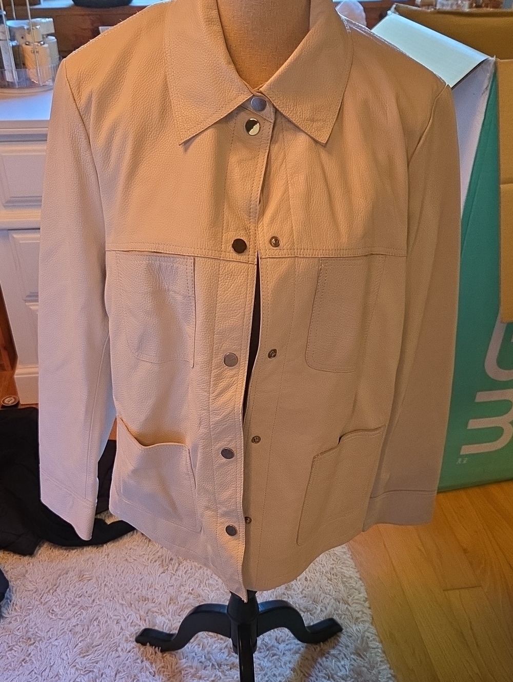 Cream Leather Jacket with Snap Front Lg